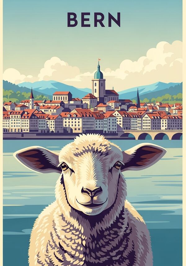 ein glückliches lamm, das zur kamera blickt, im hintergrund die stadt bern