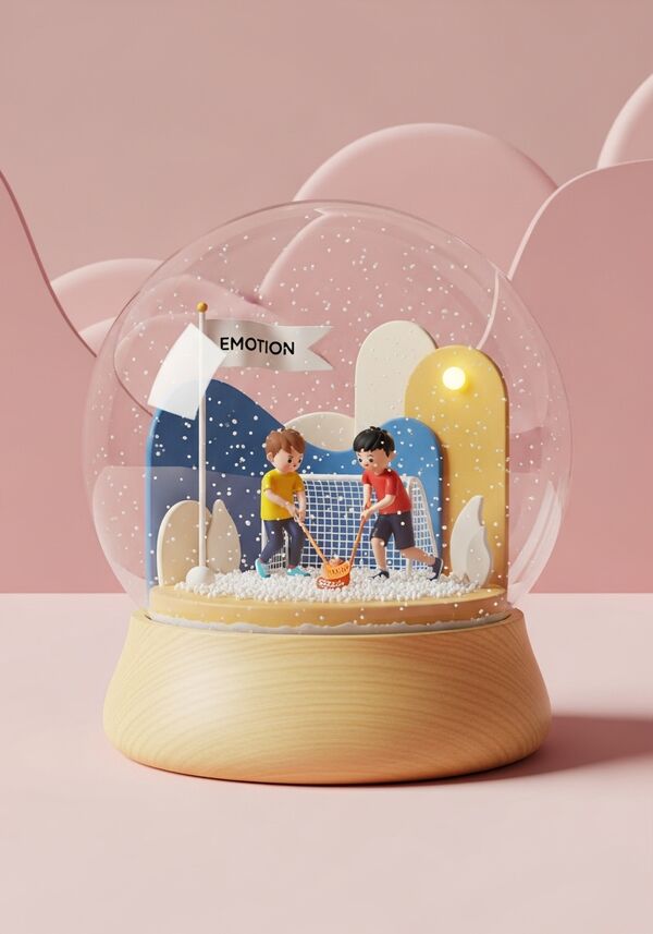 zwei junge und gutaussehende jungs spielen unihockey. eine fahne mit dem schriftzug "EMOTION" flattert im wind