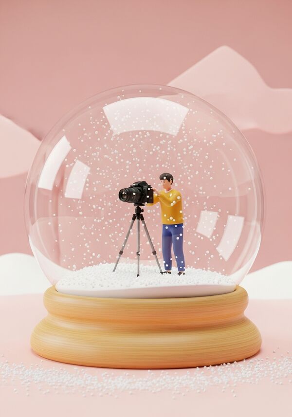 Eine Kamera auf einem Stativ und dahinter ein junger Mann der den Auslöser abdrückt.