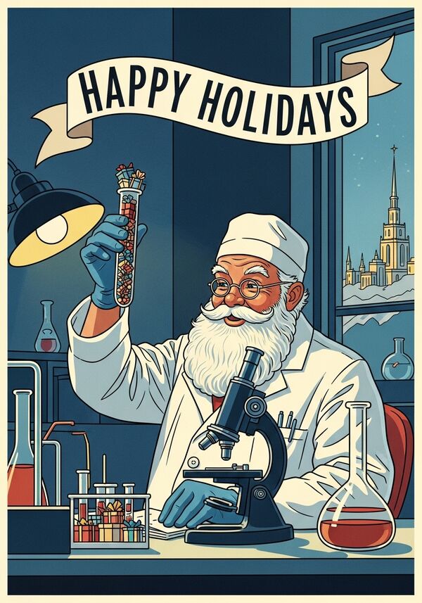 Der Weihnachtsmann arbeitet in einem biomedizinischen Labor. Er trägt einen weißen Laborkittel, eine Laborhaube und hält ein Reagenzglas in der Hand. Im Reagenzglas befinden sich viele kleine Geschenke. Daneben steht ein Mikroskop auf dem Tisch. Über ihm schwebt ein Banner mit der Aufschrift 'HAPPY HOLIDAYS'. Die Szene ist detailreich, freundlich und festlich, mit realistischer Laborumgebung, guter Beleuchtung und winterlicher Stimmung