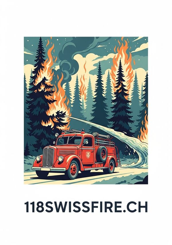 Mach mir eine karte so mit tannenbaumwald der am brennen ist einen feuerwehrauto und ganz gross geschrieben aber kleinbuchstaben 118swissfire.ch




