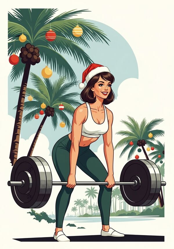 junge Frau mit braunen schulterlangen haaren, in dunkelgrünen Sporttights und weissem sportbh Sportbh mit Langhantelstange bei einem Deadlift, mit einem strahlenden Lachen, mit einem Weihnachtshut
Im Hintergrund Palmen mit Christbaumkugeln in Australien