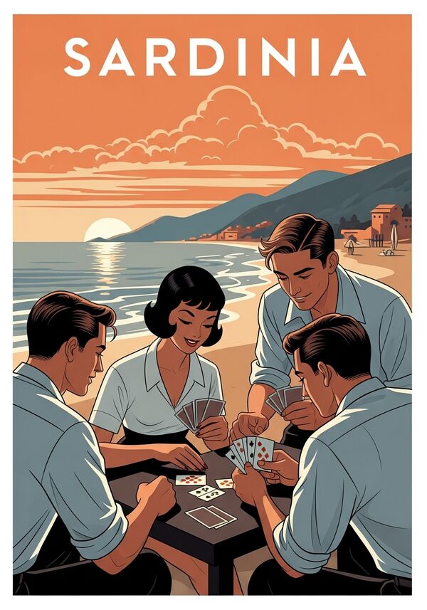 Drei junge Männer und eine junge Frau mit schwarzen haaren sitzen an einem Strand und spielen bei Sonnenuntergang ein Kartenspiel. Die Überschrift lautet "SARDINIA"
