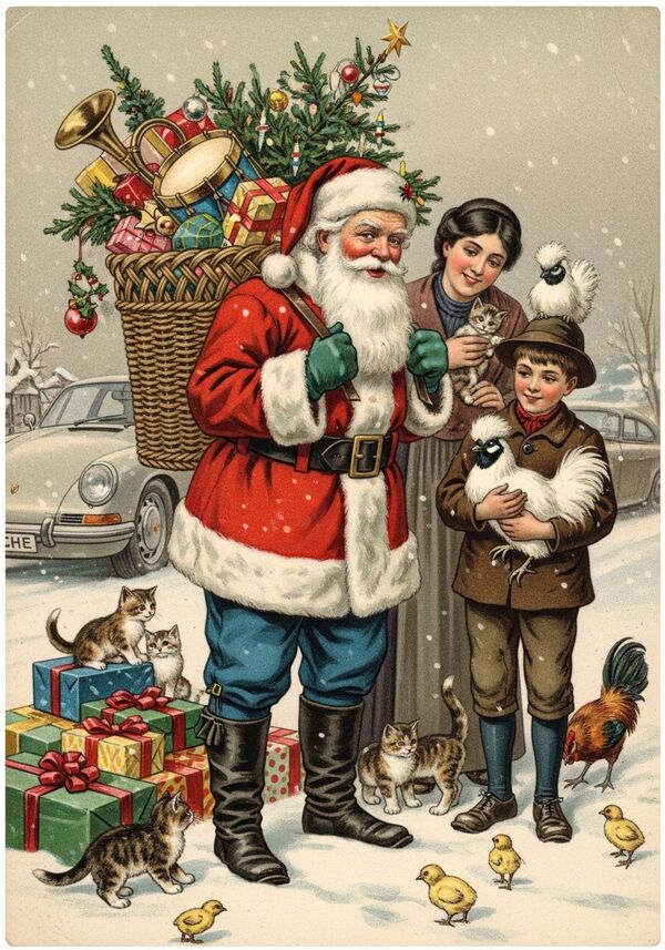 Weihnachten mit der Familie (1 Mutter Gross dunkle Haare , 1 Junge 12 Jahre) alle sind glücklich und zufrieden, es gibt viele Geschenke und einige Kätzchen, Hühner und Küken, der Weihnachtsmann sieht glücklich aus, etwas älter und hellere Haut. Er ist eher im Hintergrund. Die Hühner sind Seidenhühner. Es steht ein Porsche dort. Der Junge hält einen Seidenhuhn in der Hand. 