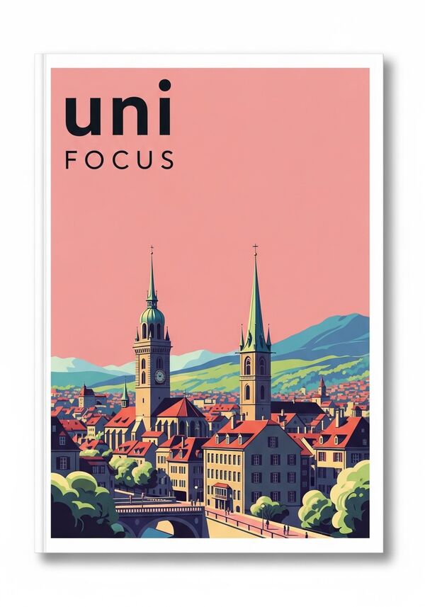 Eine A5 Fachzeitschrift weisser Rahmen , Hellrosa Fläche in der Mitte bis zum weissen Rand. Titel ist im oberen drittel gross zentriert und beginnt fett mit uni und darunter in Grossbuchstaben FOKUS diese mit Schriftschnitt light. Im unteren teil ist die Skyline von Bern 