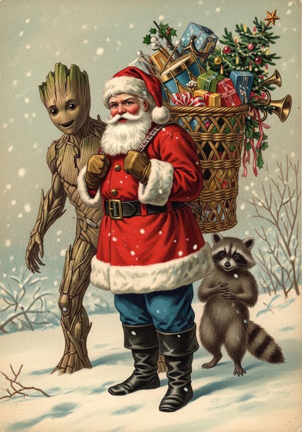 Mit einem grossen Groot und dem Waschbären im hintergrund
