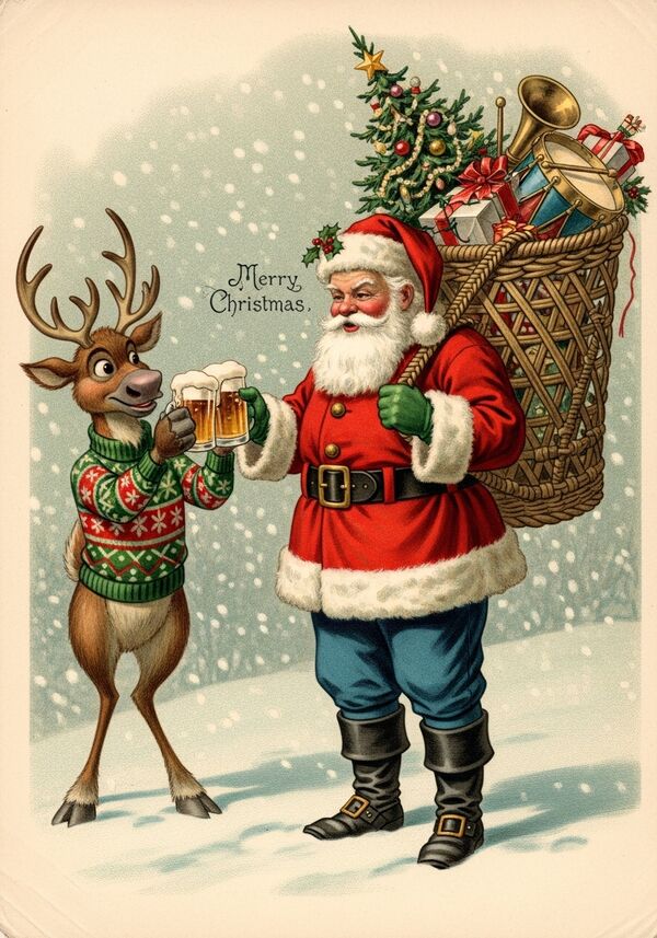 A pixar style Reindeer, clinking glasses with Santa, in a festive christmas jumper, with a pint of beer in the hand. In a Wintery Scene. With the Words Merry Christmas
