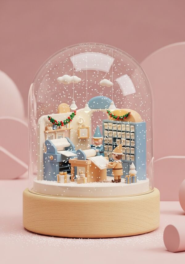 Druckerei weihnächtlich geschmückt. mit paar emsigen elfen
