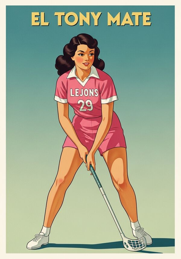 ein werbeplakat für el tony mate mit einem mädchen braunhaarig am unihockey spielen. sie soll ein lejons tshirt anhaben und kurze pinke hosen.  Das tshirt soll auch pink sein und die nummer 29 haben
