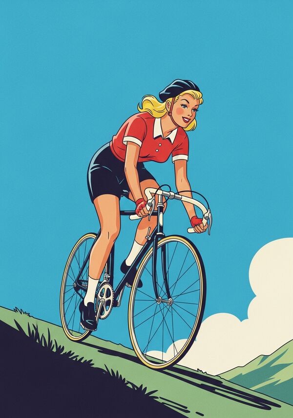 Eine junge schlanke blonde Frau fährt mit ihrem Rennvelo einen Berg hinauf. Der Himmel ist blau und die Frau strahlt.