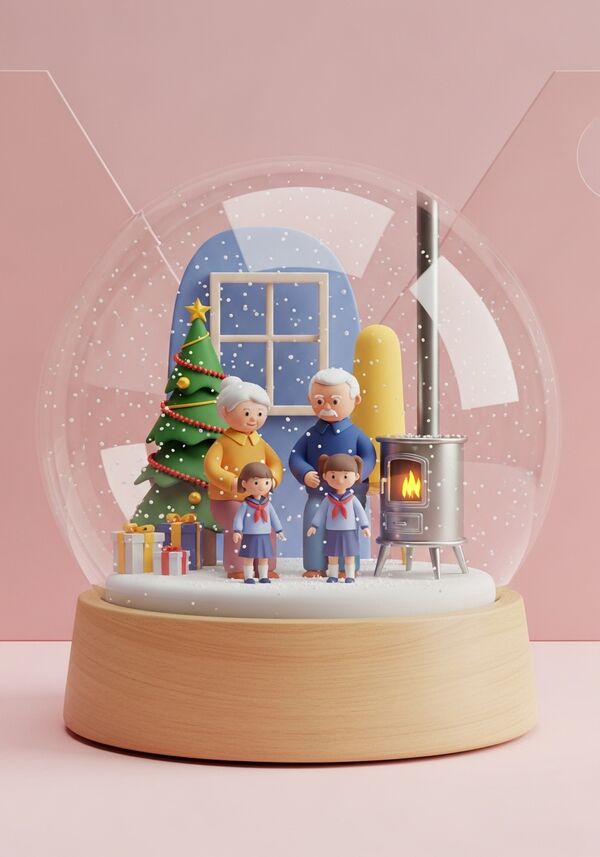 Grossmutter mit kurzen haaren und Grossvatter schwarzgrauen haaren mit zwei kleinen Schulmädchen, 10 und 12 jahre alt. im Hintergrund ein geschmükteer Tannenbaum und ein brennender Schwedenofen aus Metall