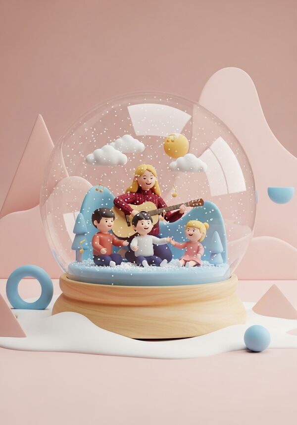 Frau mit blonden langen haaren, bordeauxrotem Pullover, fröhlich am Giterrespielen und singen, 5 und 4 jährige junge mit kurzen dunklen Haaren und ein  einjähriges Mädchen mit blonden haaren singen mit. im Hintergrund Schneewolken und Sonnenschein