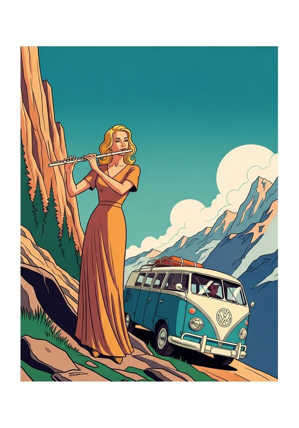 Eine blonde Querflötenspielerin im langen Kleid, in einer Kletterlandschaft und mit VW-bus