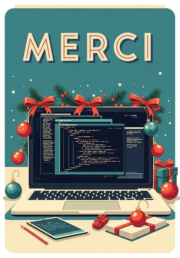 ein laptop mit weihnachtlicher deko, auf dem screen sind scripts mit codes zu sehen. als überschrift steht in Grossbuchstaben "MERCI"