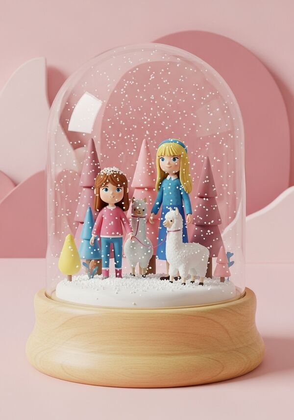 Ein 7jähriges Mädchen mit braunen mittellangen Haaren und blauen Augen spaziert mit ihrem Gotti (blonde lange Haare mit einem Pony) mit Alpakas an der Leine durch den Wald.