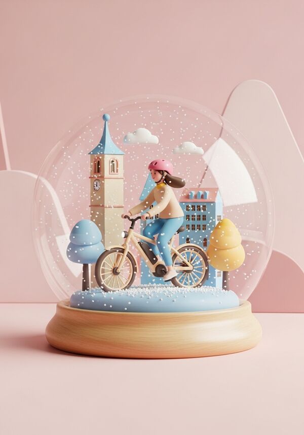 Fahrradfahrerin mit pinkigem Velohelm fährt durch Bern mit E-Bike