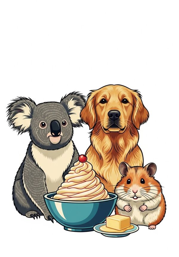  ein Koala,  ein golden Retriver und ein Hamster mit buttercreme und schüssel



