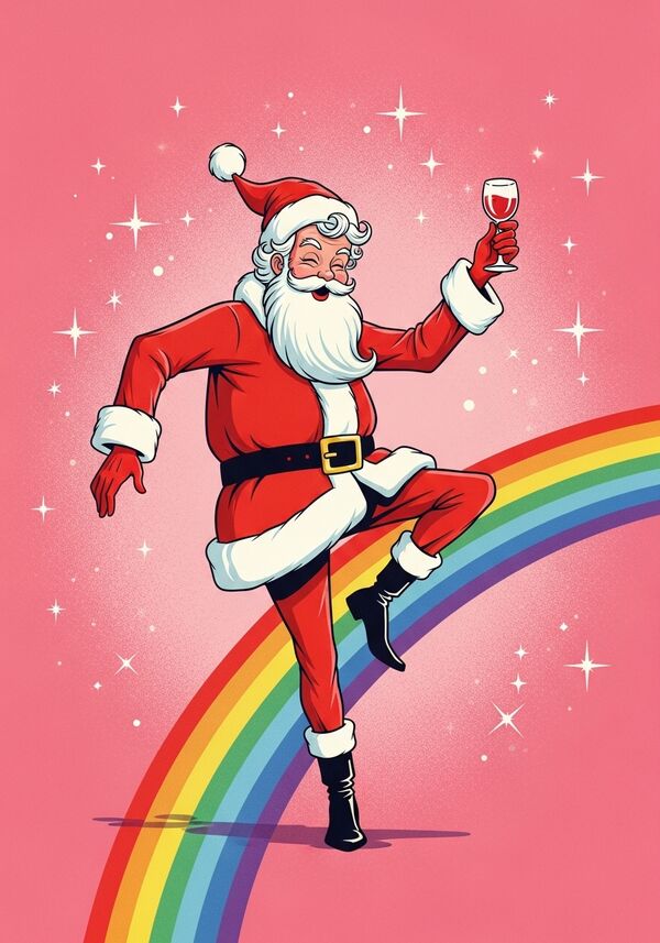 mache mir bitte einen dünnen weihnachtsmann mit locken  der wein trinkt mit ganz viel glitzen im hintergrund der auf einen regenbogen tanzt der hintergrund soll pink sein