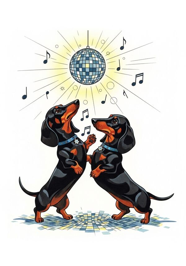 Zwei Dackel sind am feiern mit discokugel lichter und musik
