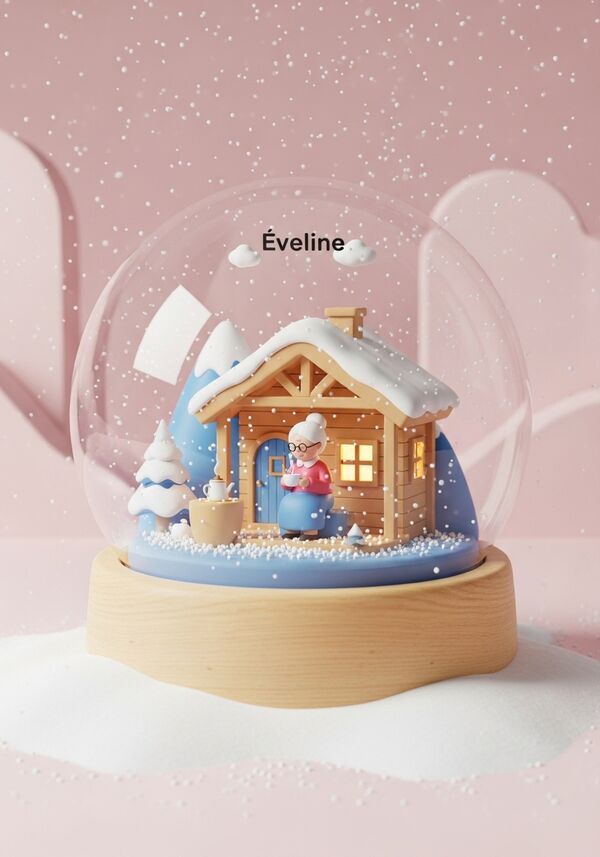 es sollte eine oma drauf sein die in einer Berghütte ein Tee trinkt. oben sollte Eveline Drauf stehen. im Hintergrund ist schnee der fällt