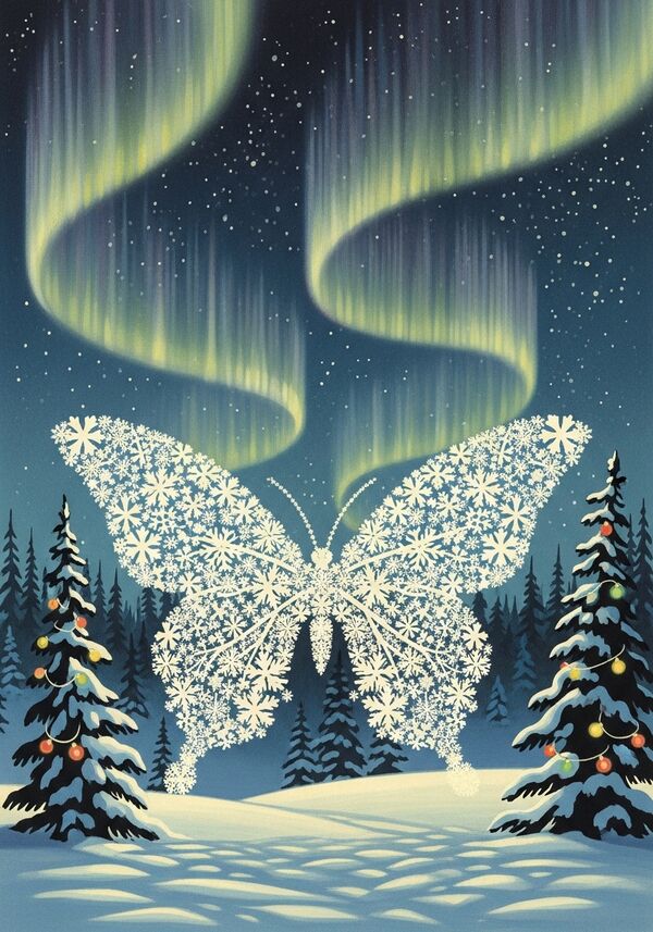 Verschneite Waldlandschaft Mit einem Schmetterlink aus Schneesternen und leuchtenden Weihnachtskugeln in den Fichten durchflutet mit den Nordlichtern.