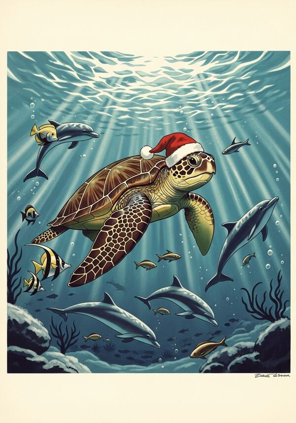wasserschildkröte mit weihnachtshut, fische und delfine, schwimmend im meer