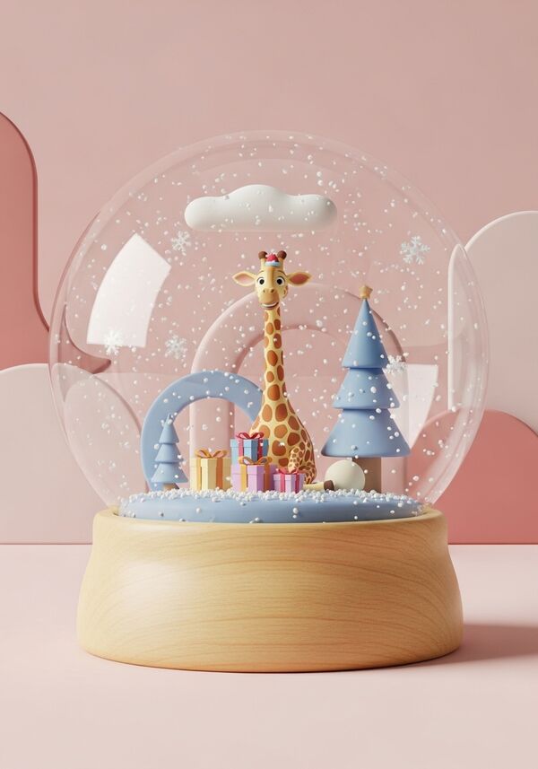 Eine freundliche Giraffe im Pixar Style freut sich über die Geschenke, die sie zu Weihnachten bekommen hat.