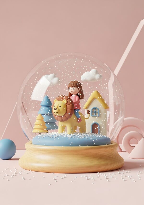 Ein kleines Mädchen (11 Jahre, braune halblange Haare, braune Augen) sitzt auf einem Löwen und strahlt.