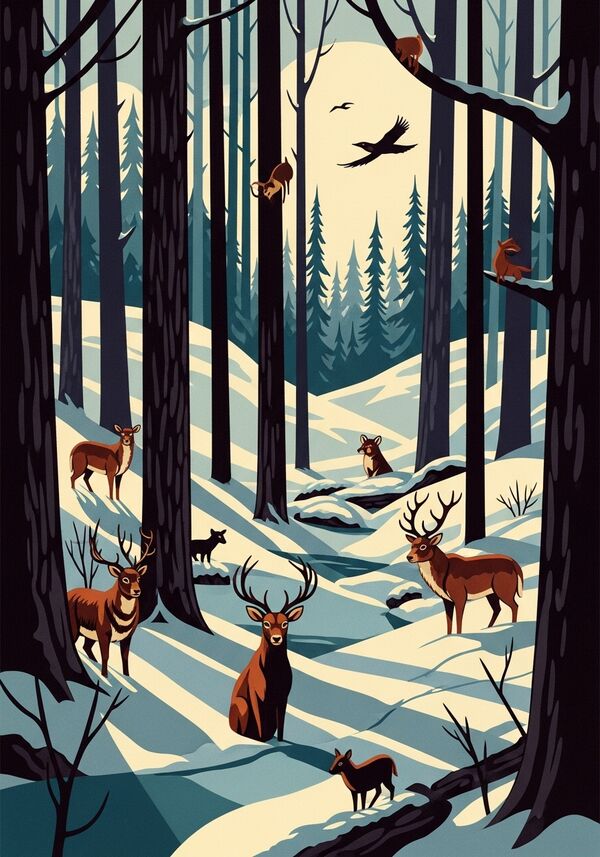 winterwald mit tieren
