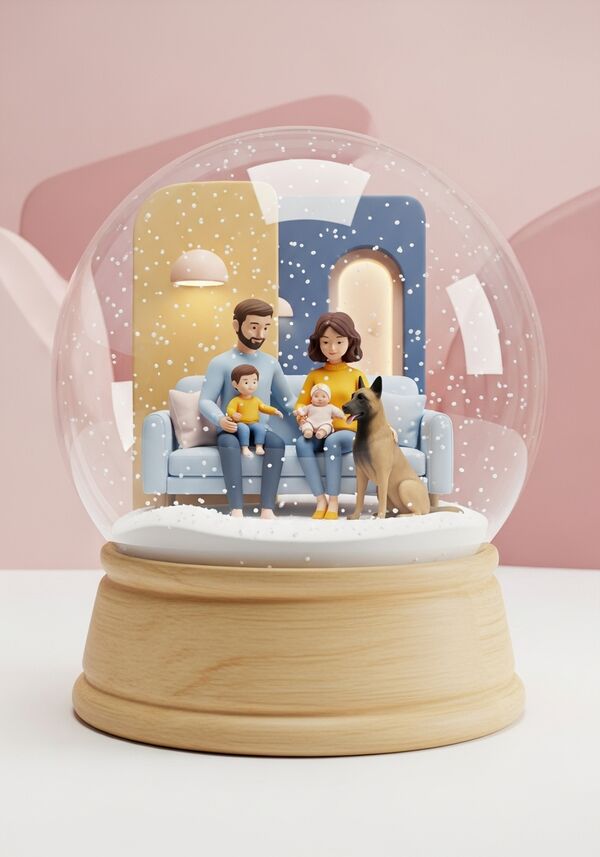 Mann (Milimeterhaarschnitt), Frau (dunkelbraune Haare), 5-jähriger Bube, Baby und Malinois Hund auf dem Sofa. 