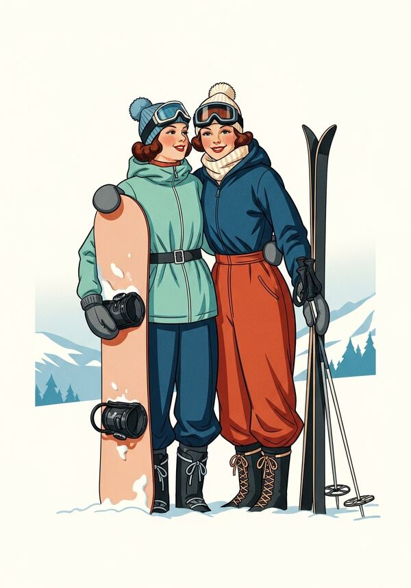 ich möchte zwei bildhübsche mädchen die im schnee sind mit snowboardund ski und sich umarmen. die mit dem snowboard muss aber grösser sein



