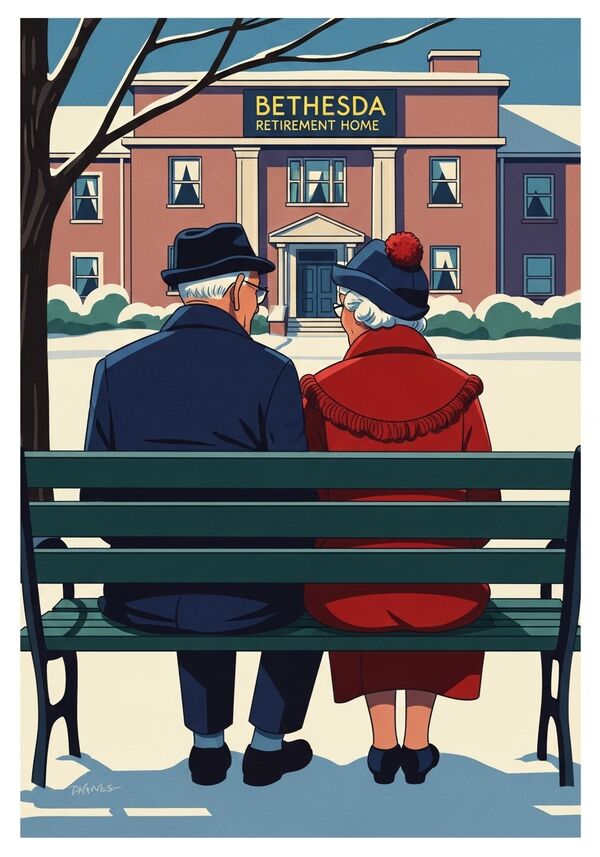 Älteres Ehepaar sitzt auf einer Bank im Winter vor dem Altersheim Bethesda.