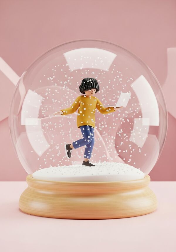 Ein junger Mann mit schwarzen, lockigen und schulterlangen haaren tanzt während er in einer hand noch ein macbook hält.