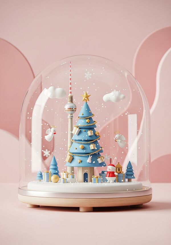 Berliner Fernsehturm als Tannenbaum mit Weihnachtsgeschenken und Engeln und dem Weihnachtshasen