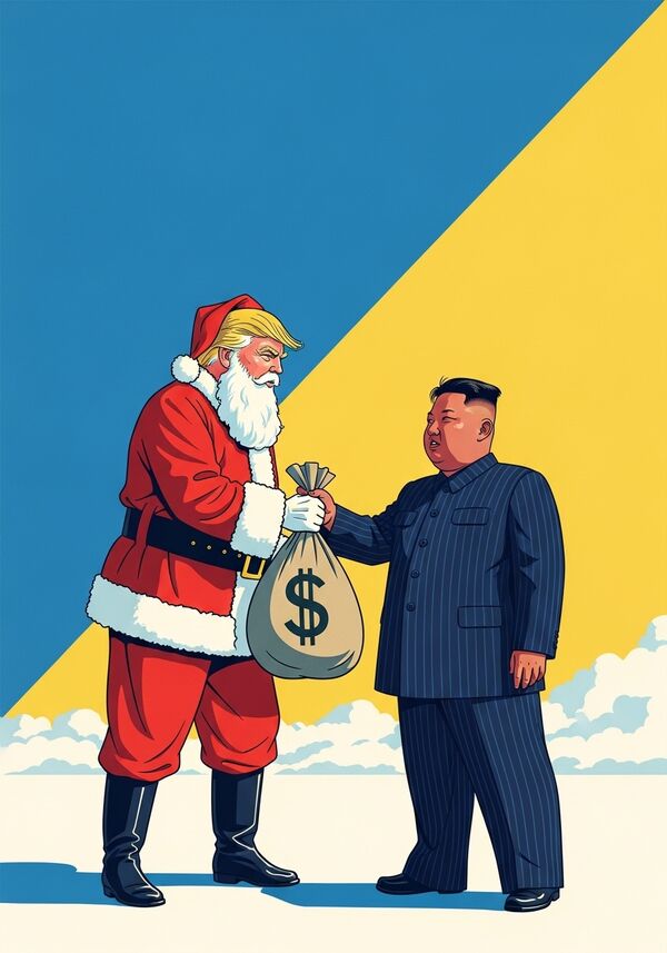 Donald Trump als Santa gibt Kim Jong-Un Geld

