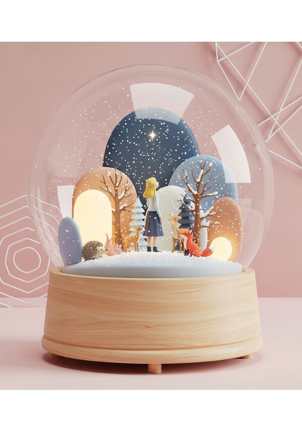 Eine junge blonde Frau steht im Wald und beobachtet den Sternenhimmel. Im Wald sind Igel, Rehe und Füchse zu sehen.