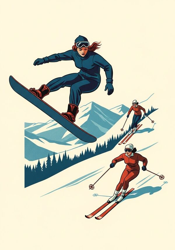 eine Frau am Snowboard fahren und eine frau am Ski fahren