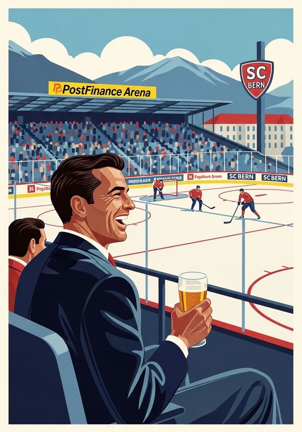 Ein Mann mit kurzen dunkelbraunen Haaren sitzt in der Postfinance-Arena in Bern und schaut sich das Eishockey Spiel des SC Berns an. In der rechten Hand hält er ein Bier und lacht dabei.