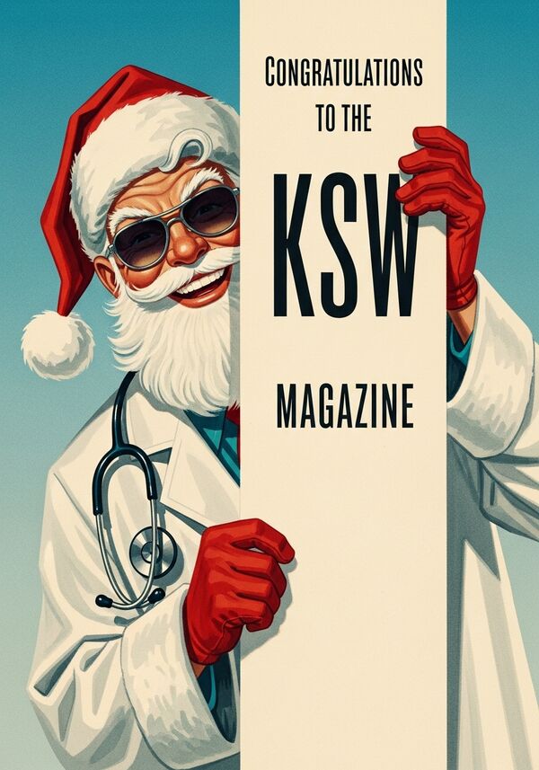 Ein cooler, grinsender Weihnachtsmann mit Sonnenbrill, einem Stetoskop um den Hals gehängt und weissem Arztkittel. Er schaut hinter einem grossen Banner hervor, welcher das Bild längs unterteilt. Auf dem Banner steht "Gratulation zum KSW magazin".