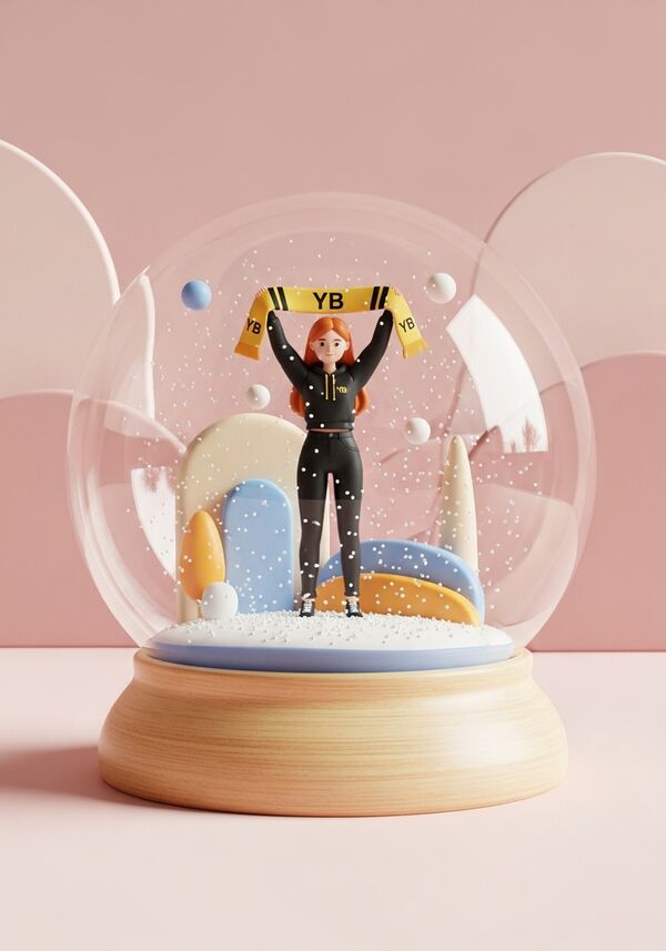 Rothaarige junge Frau in schwarzen Jeans und schwarzem Hoodie. Sie hält über den Kopf zwischen den Händen gespannt einen gelb-schwarzen Schal mit dem Aufdruck "YB". 