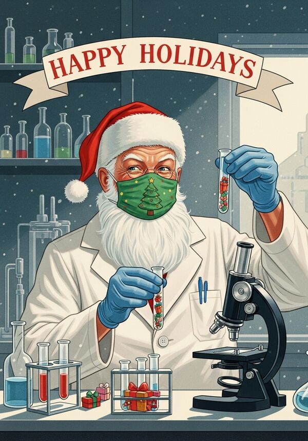 Der Weihnachtsmann arbeitet in einem biomedizinischen Labor. Er trägt einen weißen Laborkittel, einm grünen Mundschutz mit einem Weihnachtsbaum darauf und hält ein Reagenzglas in der Hand. Im Reagenzglas befinden sich viele kleine Geschenke. Daneben steht ein Mikroskop auf dem Tisch. Über ihm schwebt ein Banner mit der Aufschrift 'HAPPY HOLIDAYS'. Die Szene ist detailreich, freundlich und festlich, mit realistischer Laborumgebung, guter Beleuchtung und winterlicher Stimmung 
