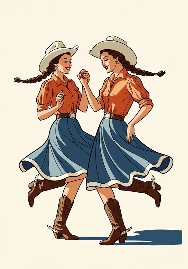 zwei Frauen mit Zöpfen Cowboyhüten und Cowboystiefel tanzend
