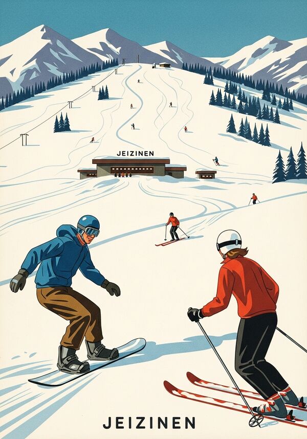 Ein Mann, blauer Helm fährt Snowboard und vor ihm eine Frau mit weissem Skihelm die Skifährt. Das ganze in einem verschneiten Skigebiet mit der Aufschrift "JEIZINEN"
