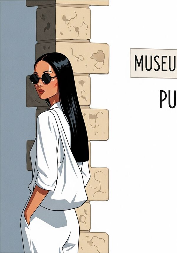 links Beige Backsteine die im Ecken einer Hausmauer ineinander gesteckt wurden aber nur im Ecken sieht man die Steine die restliche Wand ist weiss. die Aufschrift im rechten Teil der Wand steht MUSEU(light)PU(Bold) der Rest der Aufschrift wurde abgeschnitten vom Bild. eine wunderschöne zierliche asiatische sonnengebräunte Frau mit langen geraden schwarzen Haaren in weissen Hosen und einer weissen Bluse ist von der linken Seite zu sehen und hat den Kopf zu uns gedreht. Sie trägt ausserdem eine schwarze runde Sonnenbrille und trägt einen weissen Stoffsack auf der hinteren linken Schulter. alles in einem Mediterranen aussehen 