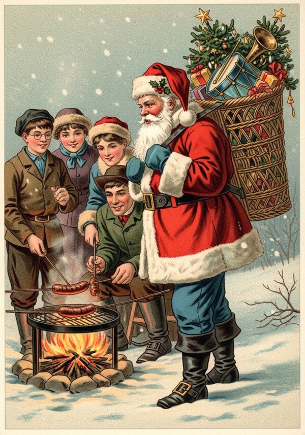 Familie an Feuerstelle. 2 Teenagerjungs mit Brille, eine Frau und ein Mann. Warm angezogen. Sie grillen eine Cervelat an einem stock