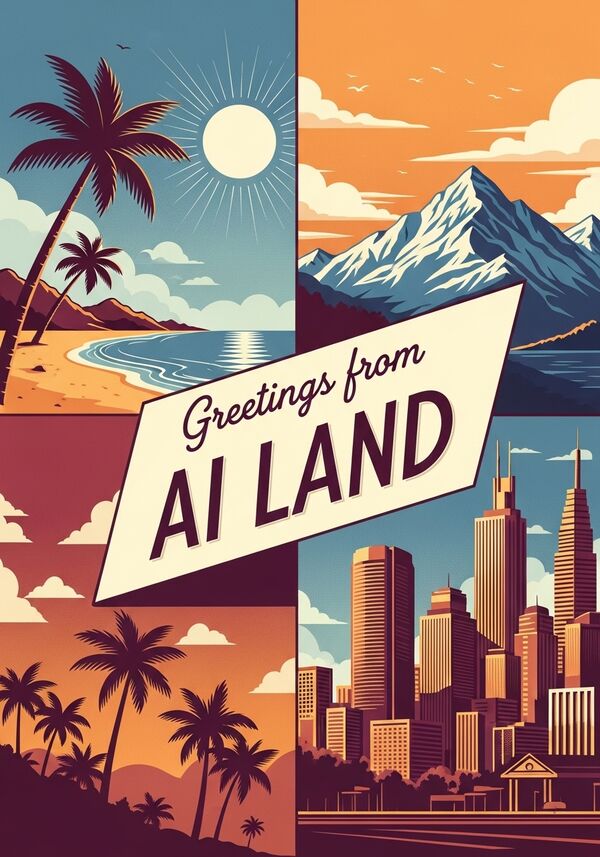 Vermischte Feriendestinationen aus Strand, Berg, Stadt und Sonne. Zentriert steht geschrieben: Greetings vom AI-Land