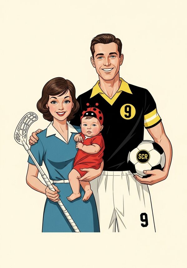 eine kleine Familie mit einem Baby
Die Frau ist zierlich und braune Schulterlange Haare mit einem Unihockey Schläger, Der Mann ist grösser als die Frau hat ein schwarz gelbes Fussballtrikot mit der Nummer 9 und lächelt mit einem Fussball auf dem SCR aufgedruckt ist.
Das Baby ist ein Junge und ist auf dem Arm der Frau und trägt ein Marienkäfer mützchen