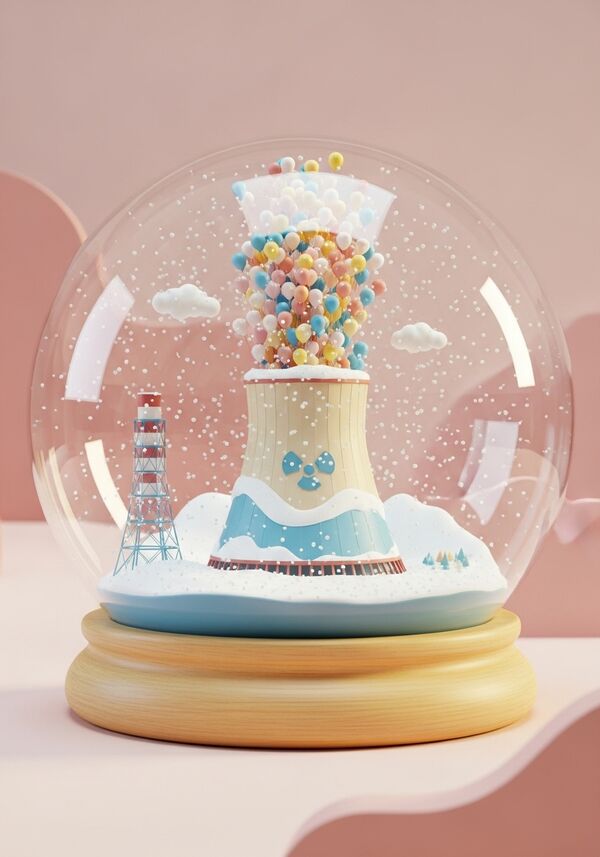 Ein winterliches, tief verschneites Lanschaftsbild einen Atomkraftwerkkühlturms AKW aus dem sehr viele bunte Ballone herausplatzen