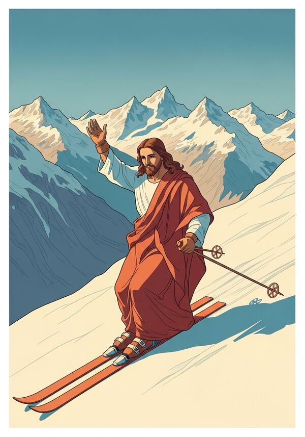 Jesus fährt Ski und den Schweizer Bergen in adelboden. Er fährt den bonderspitz runter und macht ein Winken Zeichen mit der linken Hand. Das ganze im Art nouveau stil, in den trendigen Farben im Jahr 2025