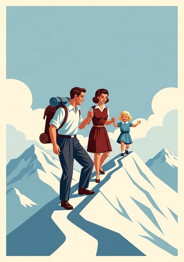 Familie, bestehend aus Mann (dunkle kurze Haare), Frau (dunkle braune Haare) und kleinem blonden Mädchen, die nach heftigem Aufstieg mit Höhen und Tiefen endlich ein Gipfeltreffen der Extraklasse feiern kann. Es sollte klar ein Weg ersichtlich sein und viel Liebe im Bild zwischen den einzelnen Personen. 